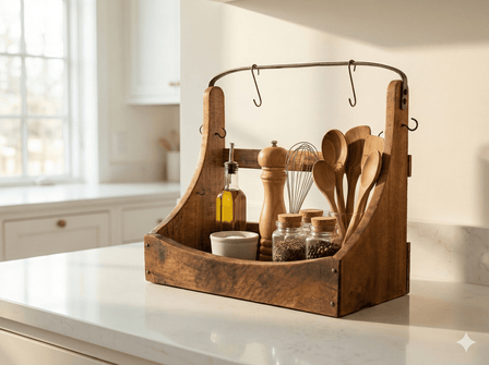 Wooden kitchen utensil holder with cooking tools on a kitchen counter