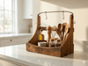 Wooden kitchen utensil holder with cooking tools on a kitchen counter