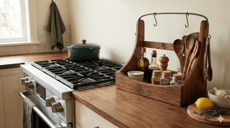 Clean decluttered kitchen counter with essential cooking tools organized in a handcrafted wooden caddy