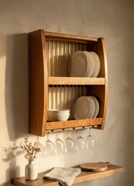 Wall-mounted plate rack displaying plates in warm evening kitchen light