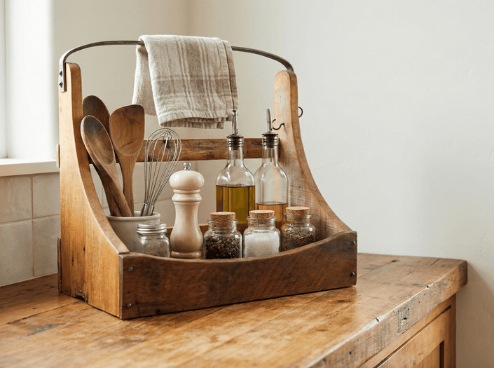 Wooden utensil holder with kitchen tools and oils on a wooden surface.