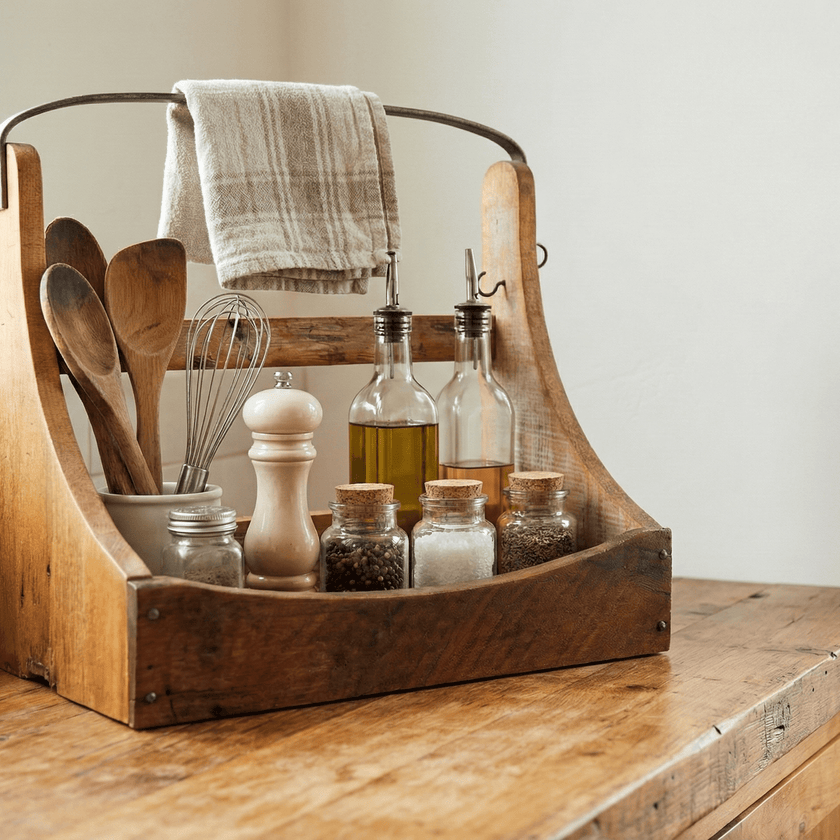 Wooden utensil holder with kitchen tools and oils on a wooden surface.