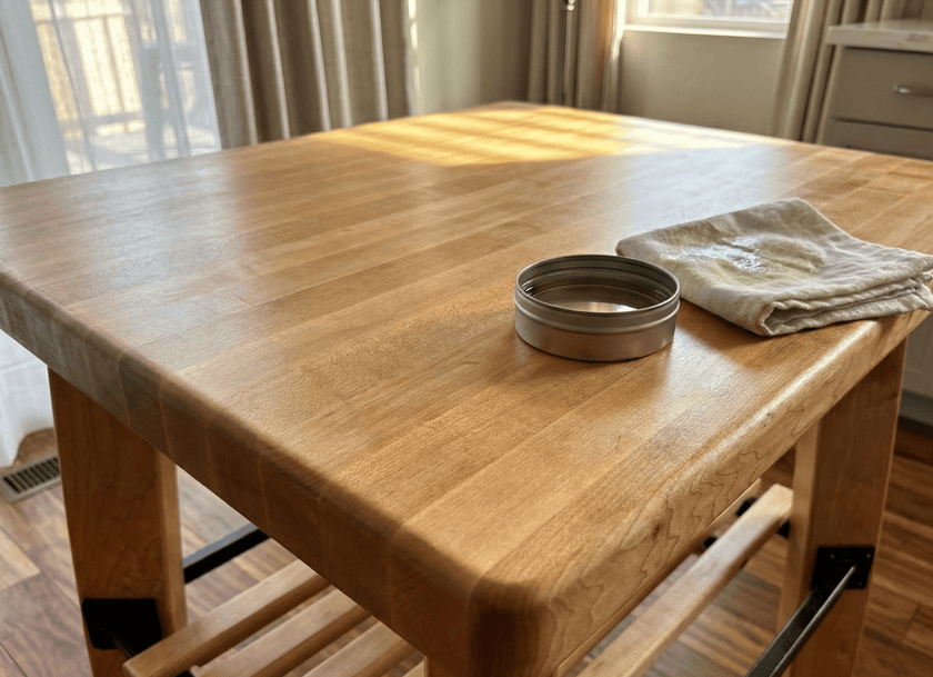 Wooden table with a metal container and cloth on a wooden floor.