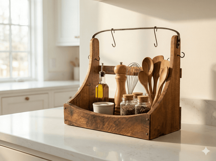Wooden utensil holder with kitchen tools on a countertop
