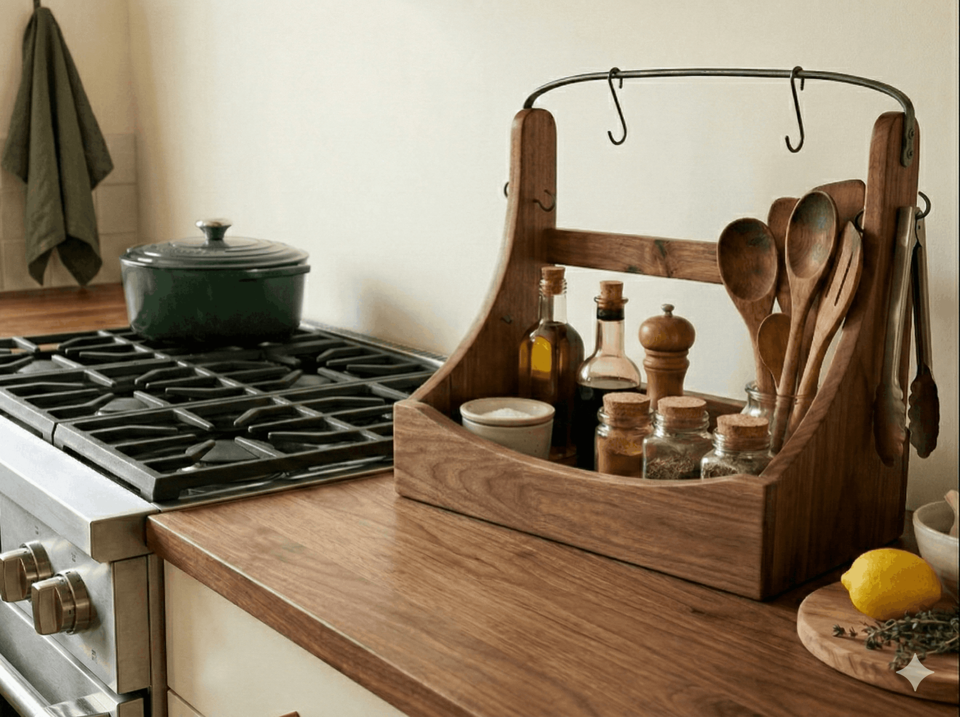 Wooden kitchen utensil holder with tools on a kitchen counter next to a stove.