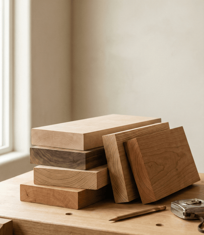 Stack of wooden blocks on a wooden surface with a neutral background