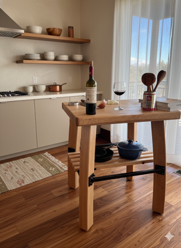 Wooden kitchen island with wine bottle and glass in a modern kitchen.