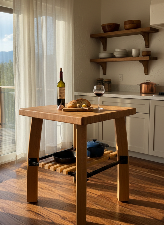 Wooden kitchen island with a bottle, glass, and bread in a modern kitchen.