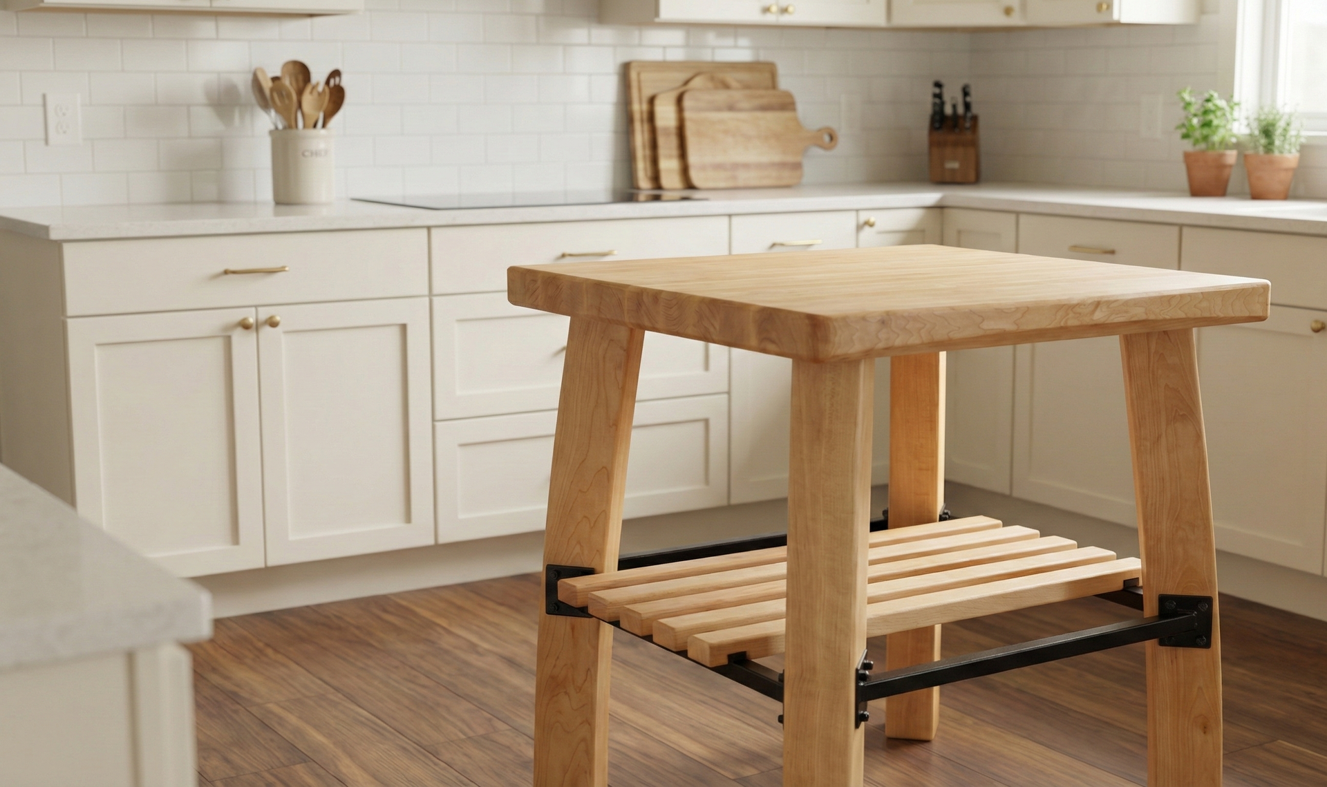 Wooden kitchen island with stools in a modern kitchen setting