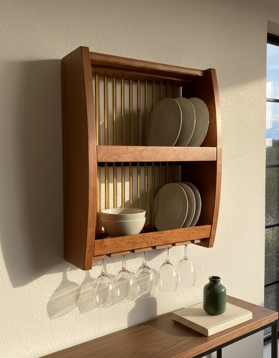Wooden wall-mounted shelf with plates, bowls, and wine glasses on a neutral wall.
