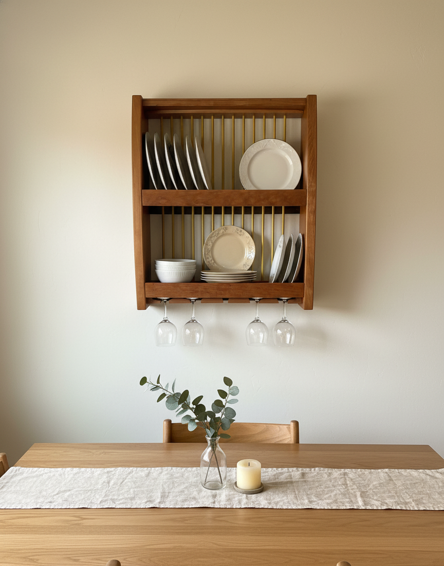 Wooden wall-mounted plate rack with glasses above a dining table with a candle and plant.