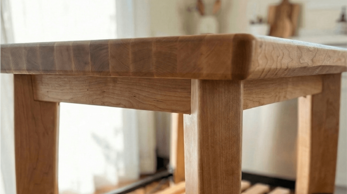 Wooden table in a room with light filtering through curtains
