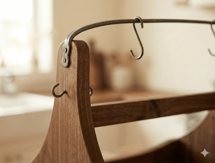 Wooden hanger with metal hooks on a blurred background