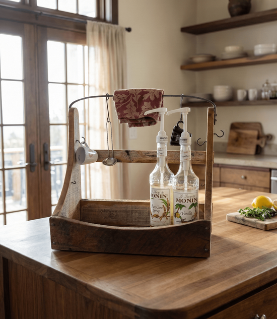 Wooden tray with Monin bottles on a kitchen counter
