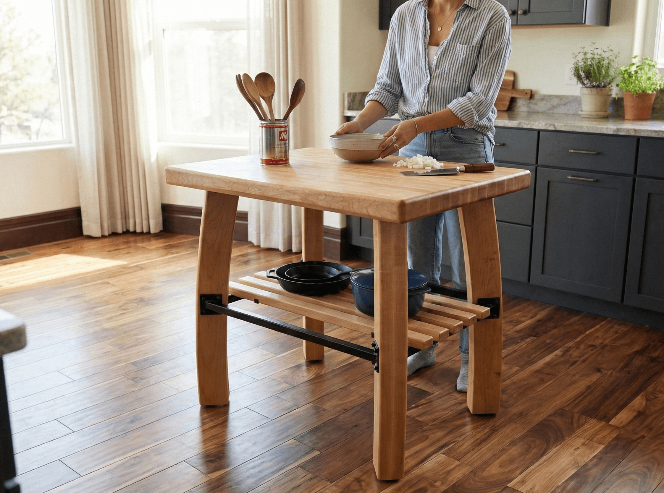 Person preparing food at a wooden kitchen island with utensils and a bowl.