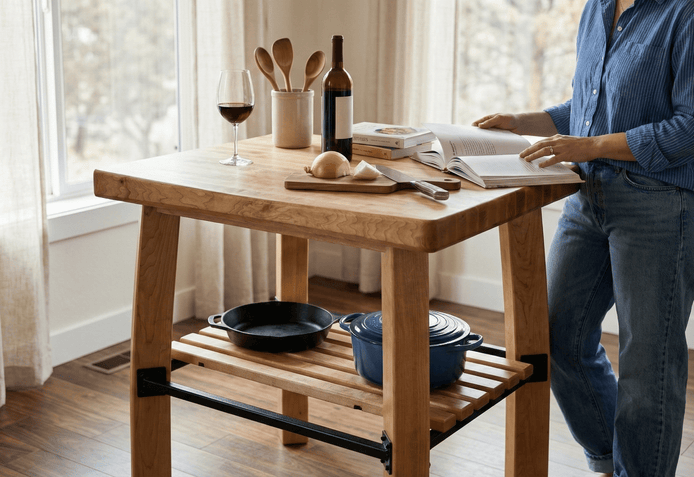 Person standing by a wooden kitchen island with cookware and a book